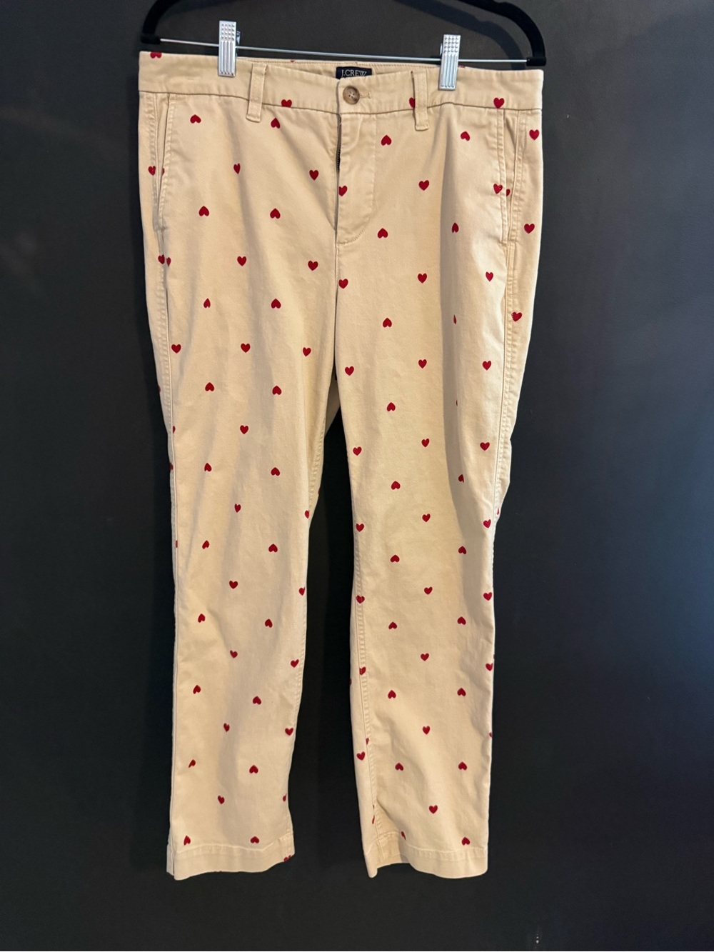 J Crew  High Rise Girlfriend Chinos Khaki- Embroidered Red Hearts Size 6